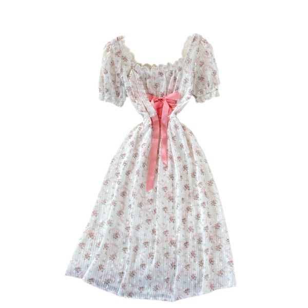 Summer New Women's Gentle French First Love Sweet Pink Floral Chiffon Puff Sleeve Square Collar Dress - Image 6
