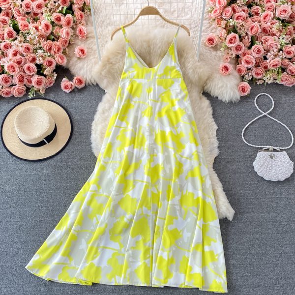 V-neck Printing Slip Dress Women 'S Summer Loose Belly-Covering Seaside Holiday Beach Skirt Over The Knee Swing Long Dress - Image 2