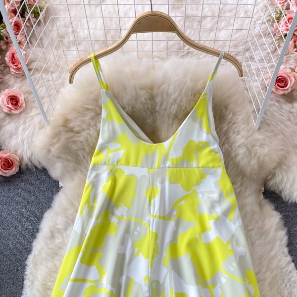 V-neck Printing Slip Dress Women 'S Summer Loose Belly-Covering Seaside Holiday Beach Skirt Over The Knee Swing Long Dress - Image 3