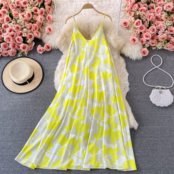 V-neck Printing Slip Dress Women 'S Summer Loose Belly-Covering Seaside Holiday Beach Skirt Over The Knee Swing Long Dress - Image 5