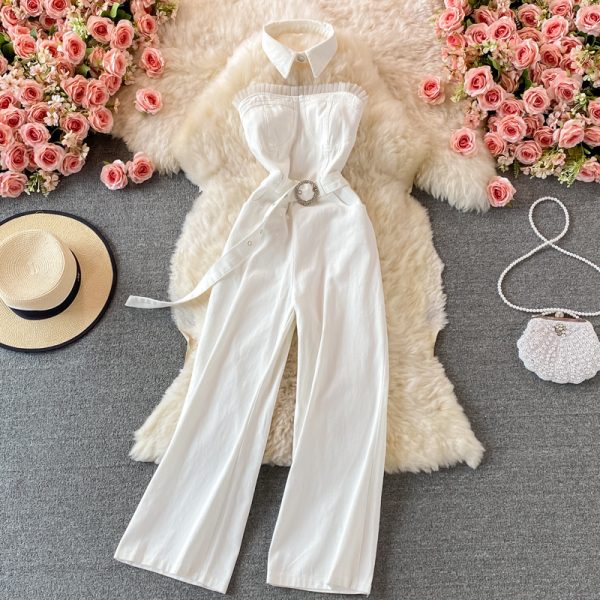 Off-the-Shoulder Tube Top Denim Jumpsuit Women's Summer High Waist Slimming Draping Temperament Jumpsuit