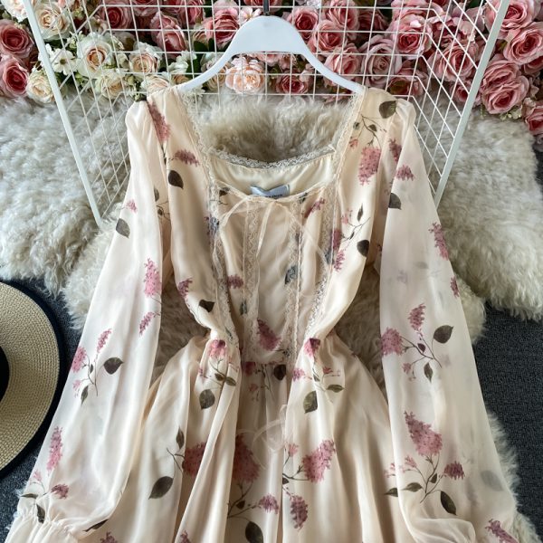 New Square Collar Elegant Chiffon Printed Elegant High Waist Mid-Length Bohemian Pastoral Style Dress - Image 3