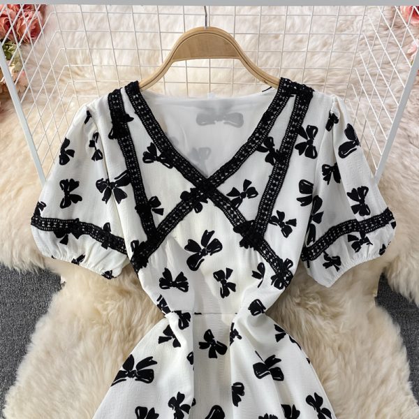French First Love Sweet Dress Female Summer Bow Printed V-neck Waist Temperament Midi Skirt Short Sleeve - Image 3