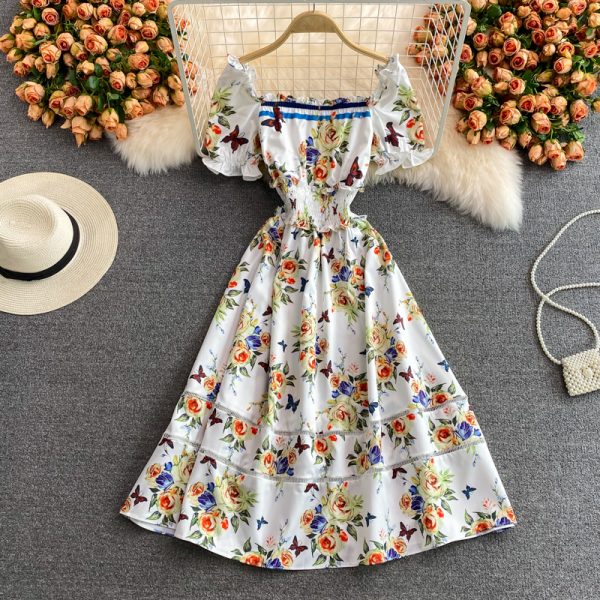 Summer New Elegant Socialite Bubble Sleeve Tight Waist A- line Skirt Mid-Length Square Collar Floral Dress Short Sleeve - Image 5