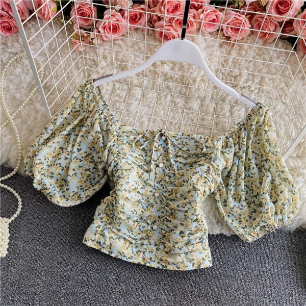 Women's Floral Chiffon Shirt Summer Fashionable Square Collar Puff Sleeve Pleated Slim-Fit Short Exposed Navel Heather Top - Image 3
