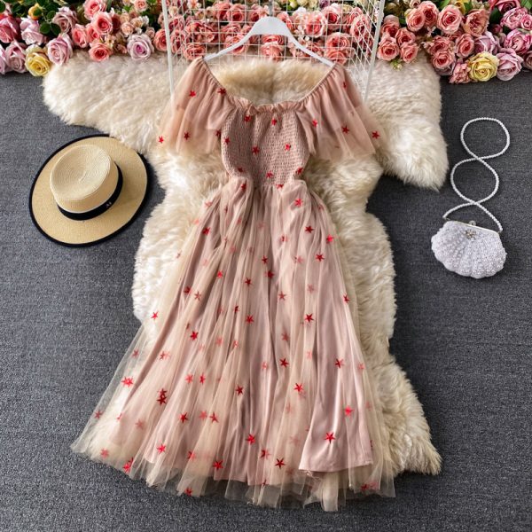 Gentle summer new French super fairy's department collect waist temperament show thin square collar gauze dress