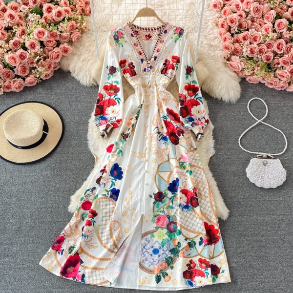 Spring and Autumn Retro European American Style V-neck Long Sleeve Waist Slimming Dress Elegant Graceful Swing Long Dress - Image 4