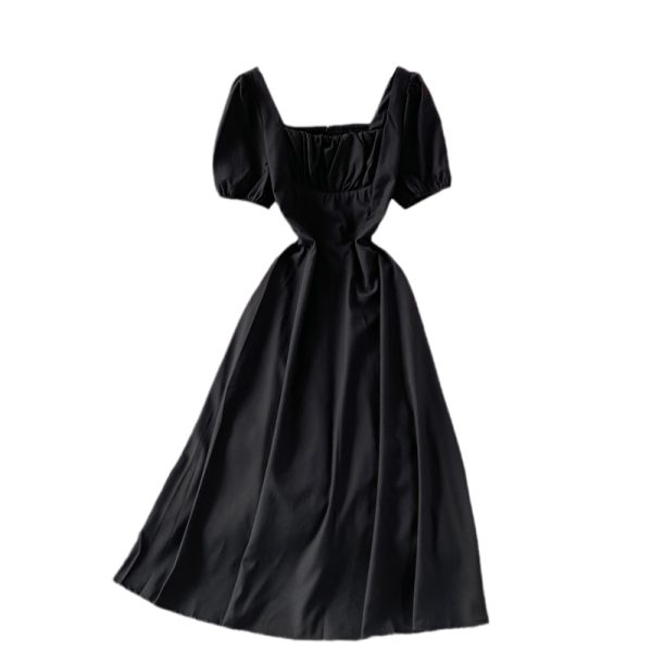 Square Collar Puff Sleeve Dress French Style Retro Waist-Controlled A- line Skirt Summer Gentle Sweet Mid-Length Skirt for Women - Image 6