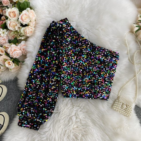 Sexy Scheming Oblique Collar Strapless One Side Sleeve Slim All-match Short Sparkling Sequined T-Shirt