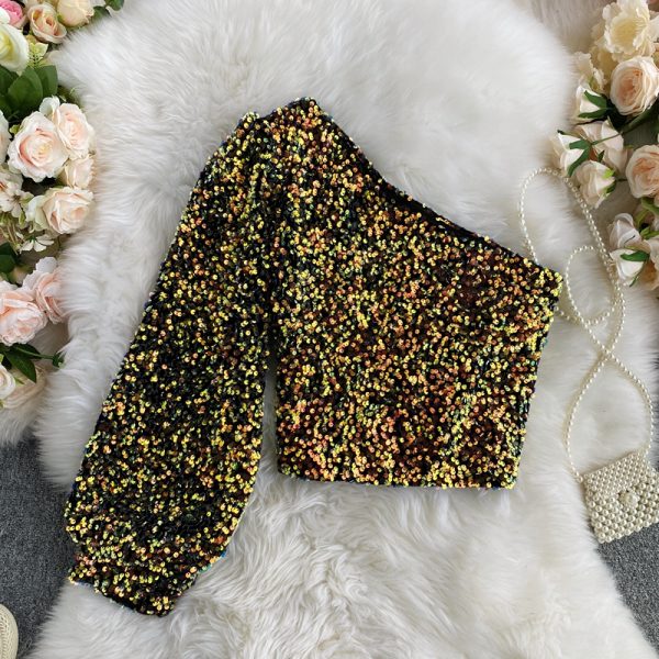 Sexy Scheming Oblique Collar Strapless One Side Sleeve Slim All-match Short Sparkling Sequined T-Shirt - Image 3