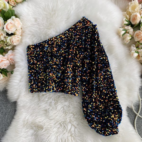 Sexy Scheming Oblique Collar Strapless One Side Sleeve Slim All-match Short Sparkling Sequined T-Shirt - Image 5