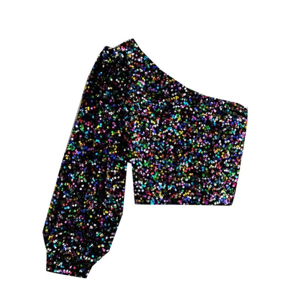 Sexy Scheming Oblique Collar Strapless One Side Sleeve Slim All-match Short Sparkling Sequined T-Shirt - Image 6