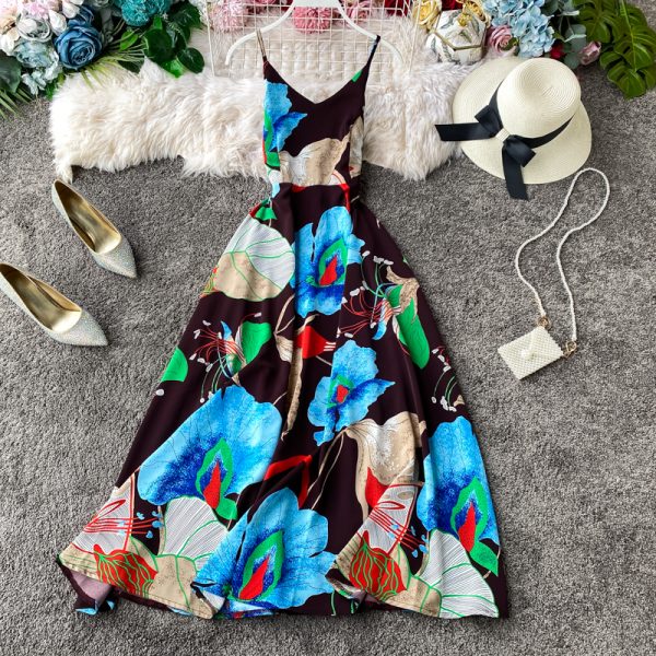 Seaside Vacation Style Chiffon Dress Women's Floral V-neck Beach Dress Sleeveless Swing Seaside Vacation Long Dress