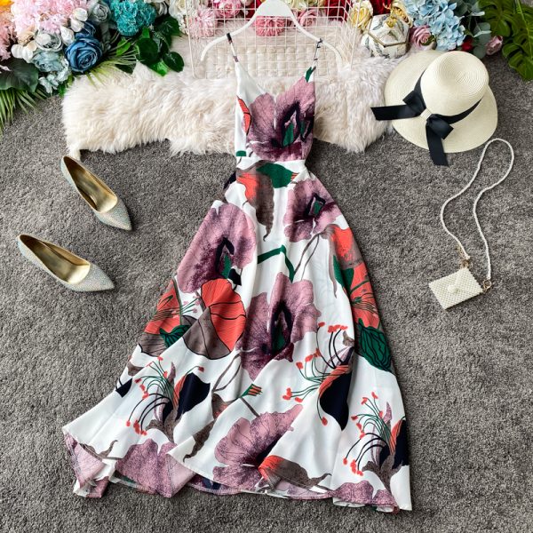 Seaside Vacation Style Chiffon Dress Women's Floral V-neck Beach Dress Sleeveless Swing Seaside Vacation Long Dress - Image 3