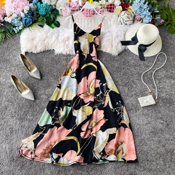 Seaside Vacation Style Chiffon Dress Women's Floral V-neck Beach Dress Sleeveless Swing Seaside Vacation Long Dress - Image 4