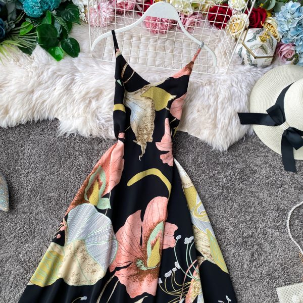 Seaside Vacation Style Chiffon Dress Women's Floral V-neck Beach Dress Sleeveless Swing Seaside Vacation Long Dress - Image 5
