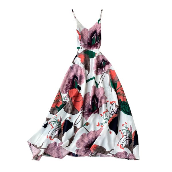 Seaside Vacation Style Chiffon Dress Women's Floral V-neck Beach Dress Sleeveless Swing Seaside Vacation Long Dress - Image 6