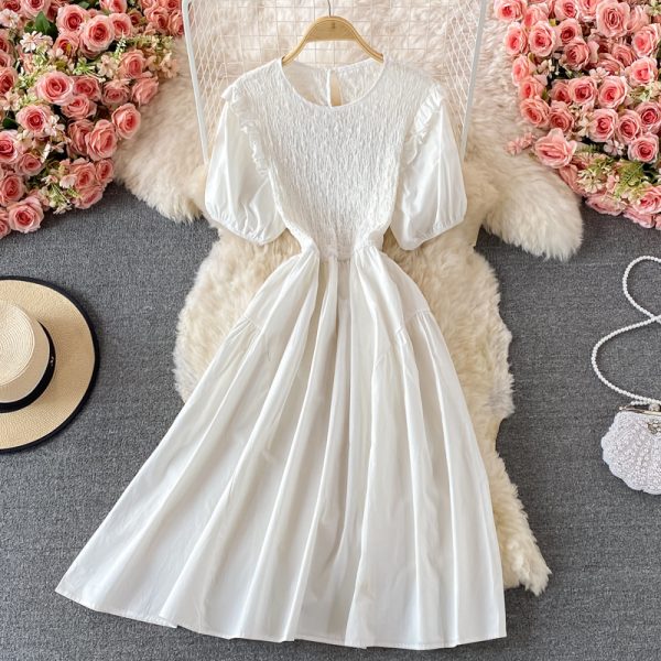 French Style Black round Neck Dress Summer Women's Fashion Puff Sleeve Ruffled Waist-Tight Hong Kong Style Mid-Length Skirt