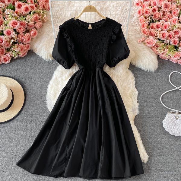 French Style Black round Neck Dress Summer Women's Fashion Puff Sleeve Ruffled Waist-Tight Hong Kong Style Mid-Length Skirt - Image 3