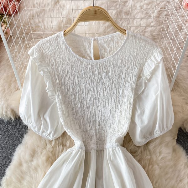French Style Black round Neck Dress Summer Women's Fashion Puff Sleeve Ruffled Waist-Tight Hong Kong Style Mid-Length Skirt - Image 4