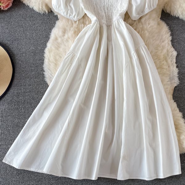 French Style Black round Neck Dress Summer Women's Fashion Puff Sleeve Ruffled Waist-Tight Hong Kong Style Mid-Length Skirt - Image 5