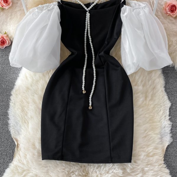 Socialite Style off-Shoulder Pearl Chain Strap Dress 21 Summer New Elegant Retro Slimming Puff Sleeve A- line Dress - Image 4