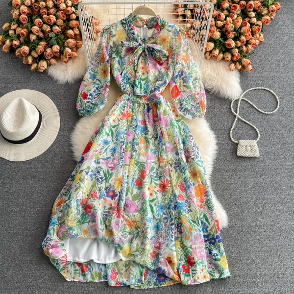 Ladies Elegant Big Hem Long Dress Spring and Autumn New Women's Vintage Printed Super Fairy Bow Floral Chiffon Dress - Image 2