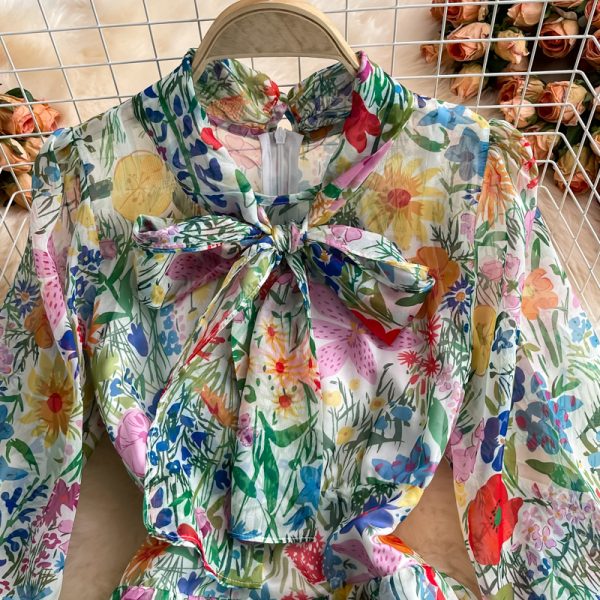 Ladies Elegant Big Hem Long Dress Spring and Autumn New Women's Vintage Printed Super Fairy Bow Floral Chiffon Dress - Image 3