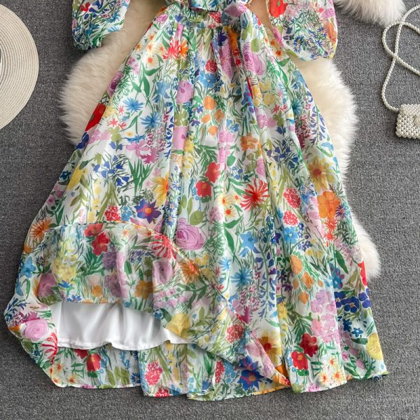 Ladies Elegant Big Hem Long Dress Spring and Autumn New Women's Vintage Printed Super Fairy Bow Floral Chiffon Dress - Image 4