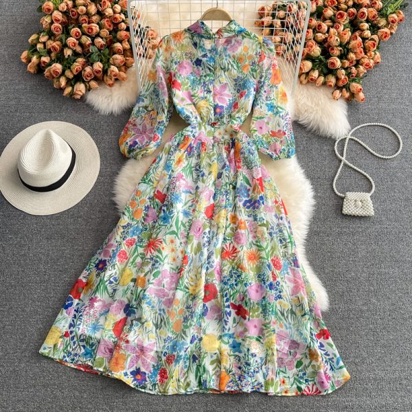 Ladies Elegant Big Hem Long Dress Spring and Autumn New Women's Vintage Printed Super Fairy Bow Floral Chiffon Dress - Image 5