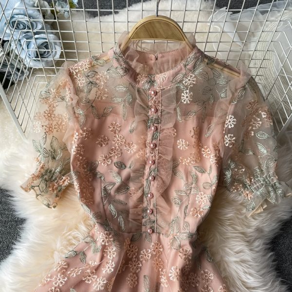 Ladies temperament lace embroidery wooden ear stand collar dress summer waist was thinner mid-length skirt short sleeves - Image 3
