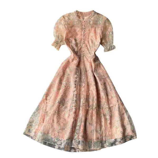 Ladies temperament lace embroidery wooden ear stand collar dress summer waist was thinner mid-length skirt short sleeves - Image 6