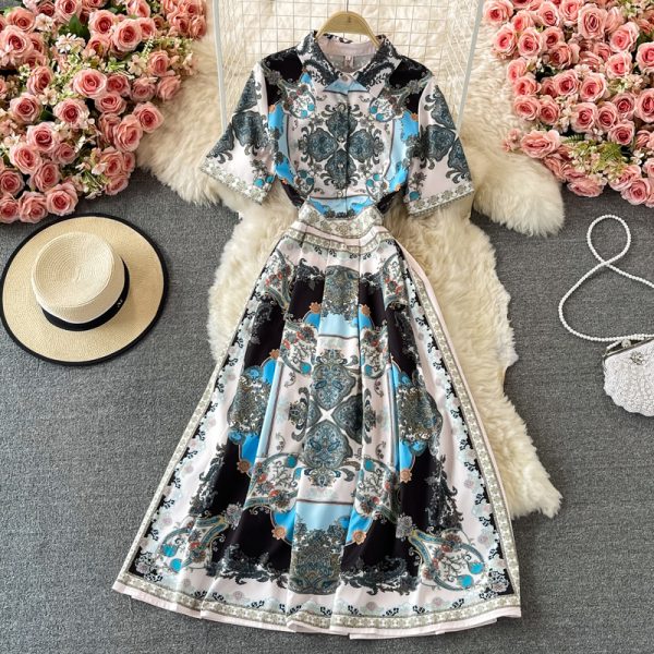 French Socialite Graceful Long Expansion Skirt Spring And Autumn New Vintage Court Style Lapel Print Short Sleeve Dress - Image 2