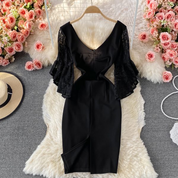 Autumn Korean Style New Sexy Lace Patchwork Flared Sleeves V-neck Business Ol Temperament Split Sheath Dress - Image 2
