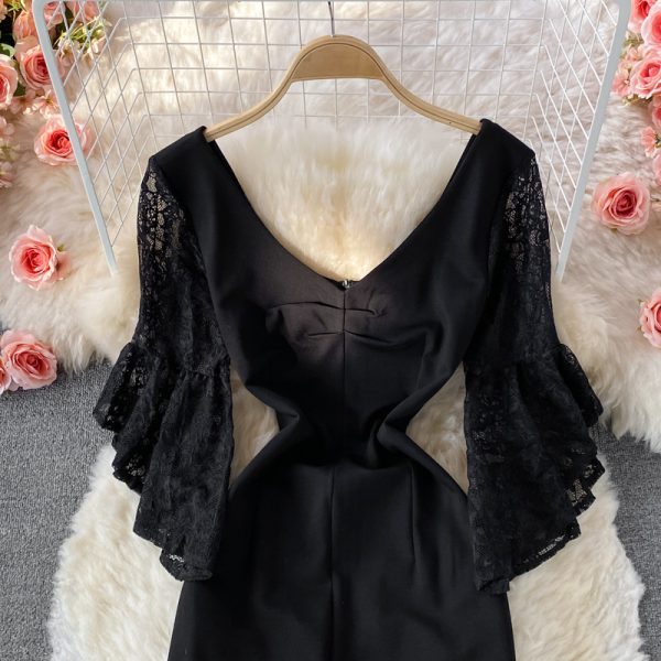 Autumn Korean Style New Sexy Lace Patchwork Flared Sleeves V-neck Business Ol Temperament Split Sheath Dress - Image 3