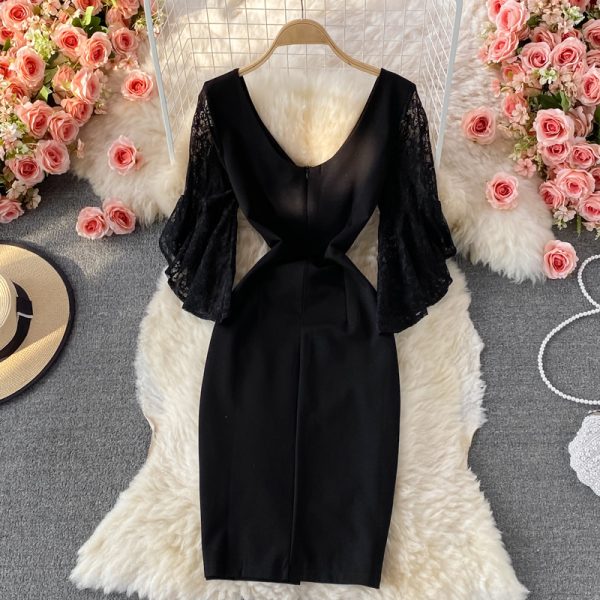 Autumn Korean Style New Sexy Lace Patchwork Flared Sleeves V-neck Business Ol Temperament Split Sheath Dress - Image 5