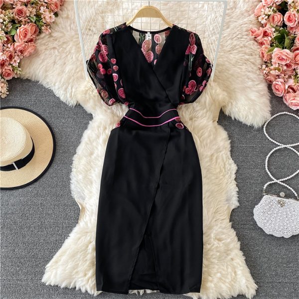 V-neck Temperament Printed Chiffon Dress for Women Summer New Waist Slimming Women's Split Skirt - Image 2