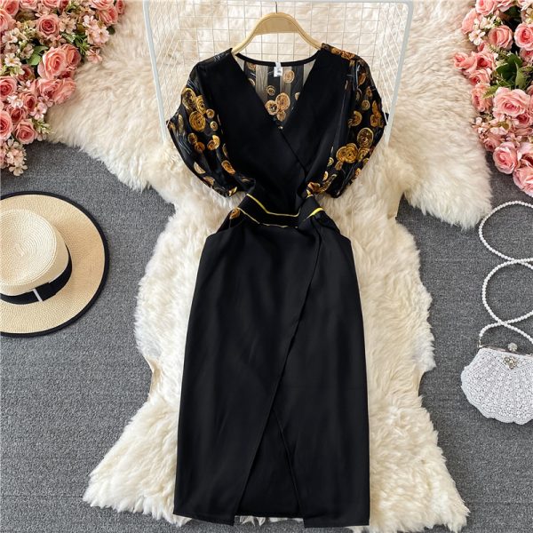 V-neck Temperament Printed Chiffon Dress for Women Summer New Waist Slimming Women's Split Skirt - Image 3