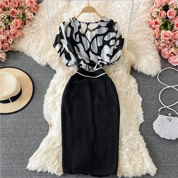 V-neck Temperament Printed Chiffon Dress for Women Summer New Waist Slimming Women's Split Skirt - Image 5