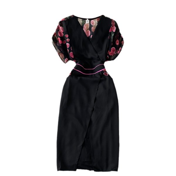 V-neck Temperament Printed Chiffon Dress for Women Summer New Waist Slimming Women's Split Skirt - Image 6