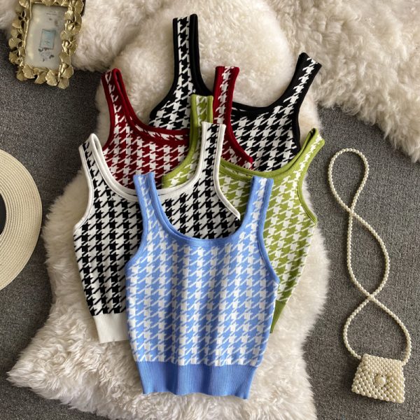 Plaid Knitted Camisole Summer New Retro Slim Stretch Slimming and Short Midriff-Baring Top Women's Clothing - Image 2