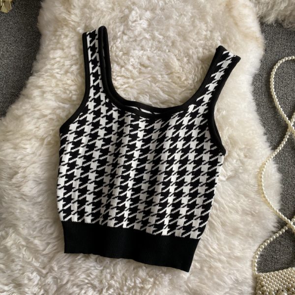 Plaid Knitted Camisole Summer New Retro Slim Stretch Slimming and Short Midriff-Baring Top Women's Clothing - Image 3