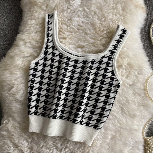 Plaid Knitted Camisole Summer New Retro Slim Stretch Slimming and Short Midriff-Baring Top Women's Clothing - Image 5