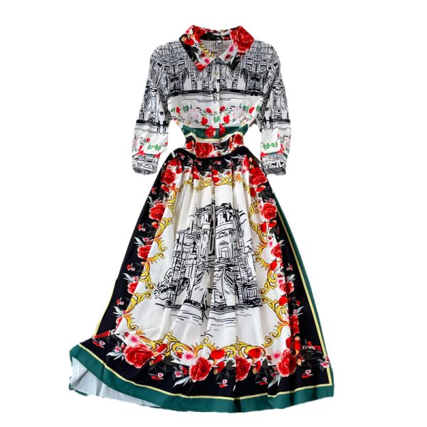 Light cooked style long skirt spring and autumn product lapel long sleeve printing waist thin temperament dress pleated dress - Image 6