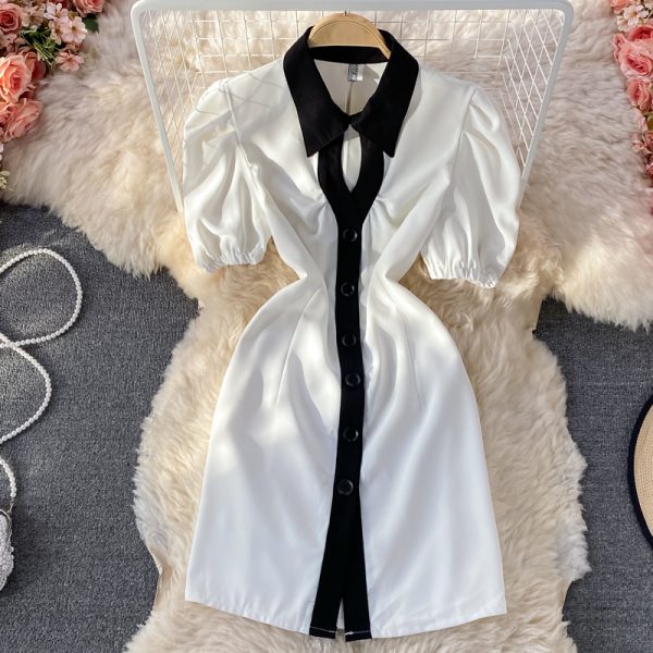 Hepburn Gentle French Style Retro First Love Dress Summer New Puff Sleeve Lapel Contrasting-Color Dress Short Sleeve - Image 2