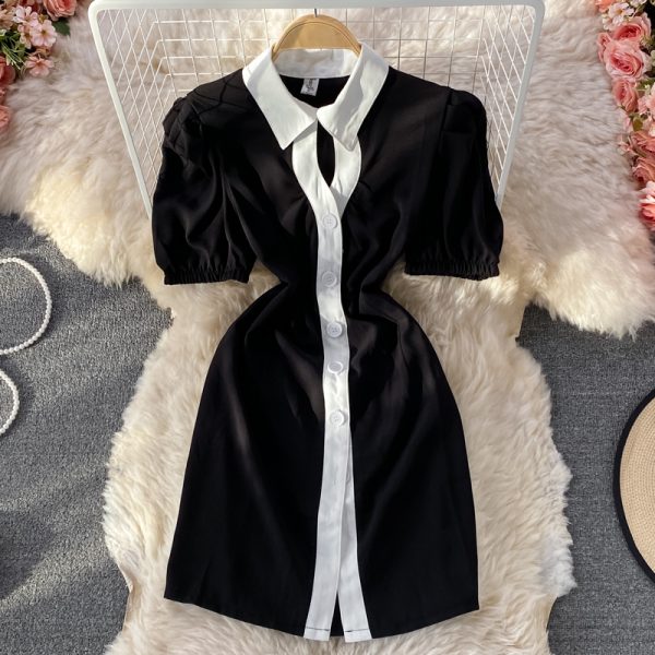 Hepburn Gentle French Style Retro First Love Dress Summer New Puff Sleeve Lapel Contrasting-Color Dress Short Sleeve - Image 3