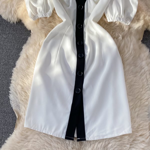 Hepburn Gentle French Style Retro First Love Dress Summer New Puff Sleeve Lapel Contrasting-Color Dress Short Sleeve - Image 5