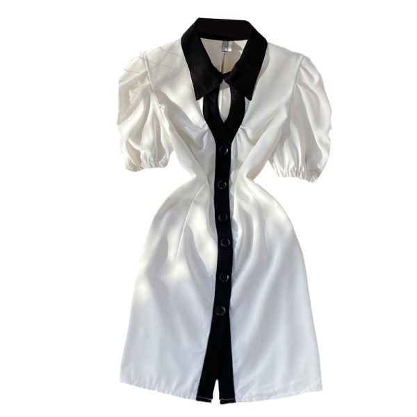 Hepburn Gentle French Style Retro First Love Dress Summer New Puff Sleeve Lapel Contrasting-Color Dress Short Sleeve - Image 6