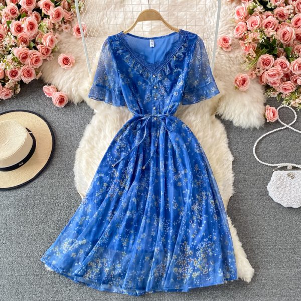 Bell Sleeve Floral Chiffon Dress Summer New Korean Style V-neck Ruffled over-the-Knee Style Mid-Length A- line Skirt - Image 2