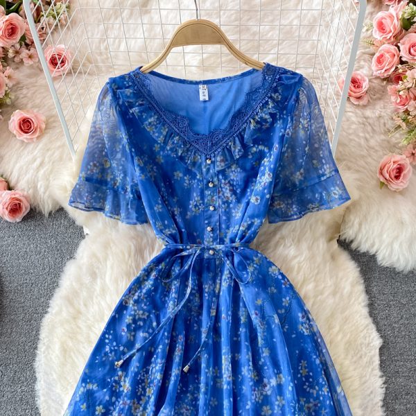Bell Sleeve Floral Chiffon Dress Summer New Korean Style V-neck Ruffled over-the-Knee Style Mid-Length A- line Skirt - Image 3